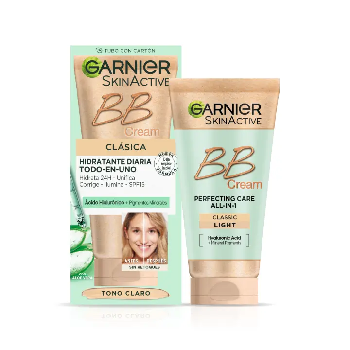 Garnier SkinActive BB Cream Clásica Tono Claro. Hidratante Todo en Uno con Color con SPF15  Ácido Hialuronico,Extracto de Aloe Vera y Pigmentos Minerales,Hidrata, Unifica, Corrige e Ilumina piel- 50ML - 1