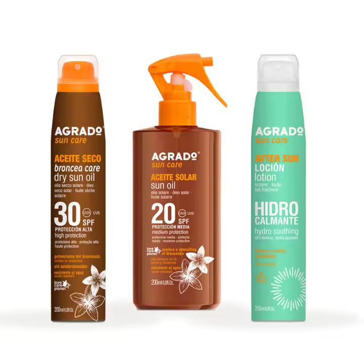 AGRADO - Pack Broncea Care + Aceite + Aftersun, Set con Broncea Care SPF30 200 ml, Aceite Solar SPF20 200 ml, Aftersun Hidrocalmante Aerosol 200 ml, Potencia e Intensifica el Bronceado, Textura Ligera y Acabado Invisible - 1