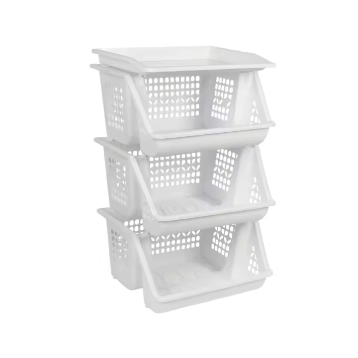 STARLEY-Verdulero apilable Modelo PLFT Color Blanco 3 cestas, 62 x 38 x 29 cm. Cestas portaobjetos apliables, estantes Multiusos para organizar los Espacios domésticos - 1