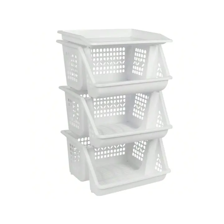 STARLEY-Verdulero apilable Modelo PLFT Color Blanco 3 cestas, 62 x 38 x 29 cm. Cestas portaobjetos apliables, estantes Multiusos para organizar los Espacios domésticos - 1