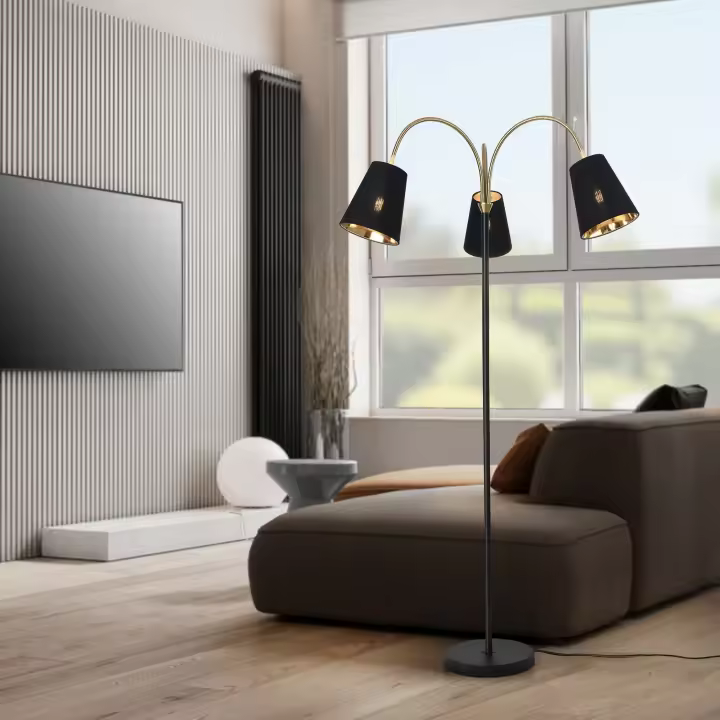 Lámpara de pie Wycombe 3x E14 40W metal tela 154x88 cm - Negro/Dorado [lux.pro] - 1
