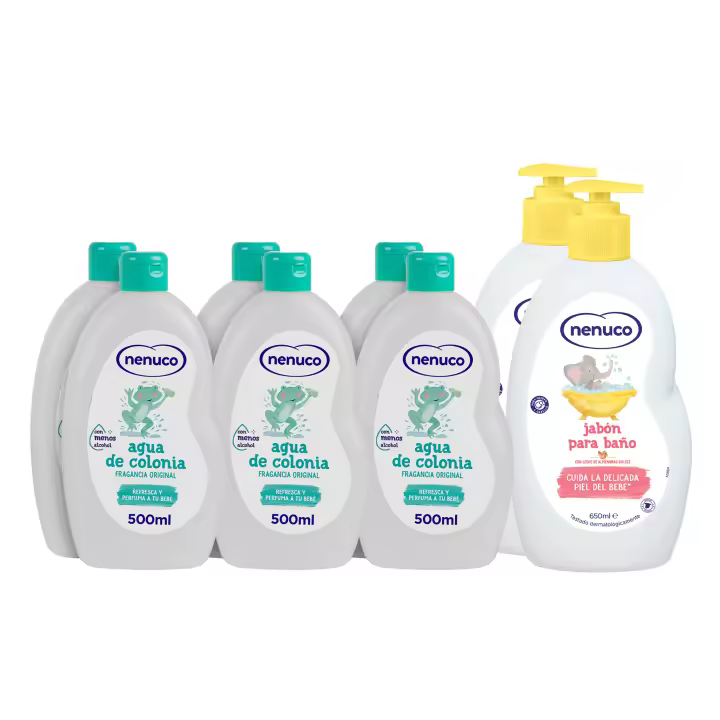 Nenuco Pack Higiene y Bienestar Bebé | 6x Agua de Colonia Original 500 ml + 2x Jabón Baño 650 ml con Leche de Almendras Dulces | Para Cuerpo y Cabello | Con Menos Alcohol | Dermatológicamente Testado - 1