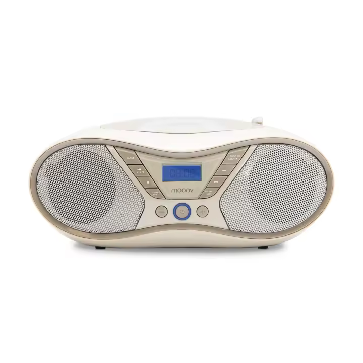 Reproductor CD MOOOV Soft Grey con Radio FM y Pantalla LCD Retroiluminada - Sonido Estéreo Potente - 1