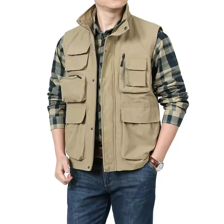Chaleco Casual FGKKS 2024 Para Hombres De Color Sólido Con Multiple Bolsillos Corte Ajustado Calidad Superior Streetwear Vest Para Verano - 1