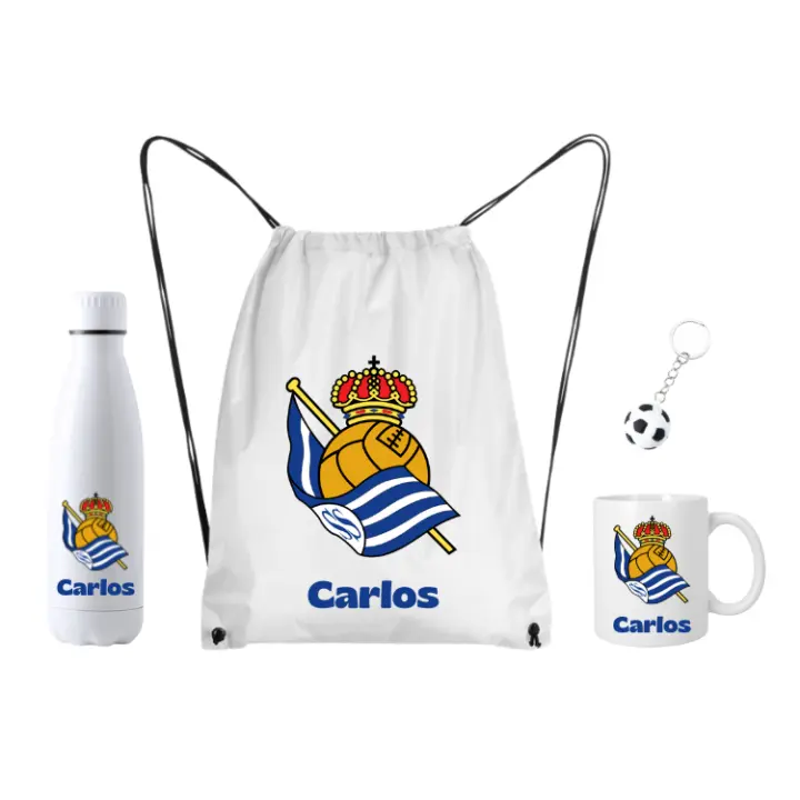 Lote Real Sociedad Mochila + Botella termo + taza + llavero - (DEJAR NOMBRE EN CHAT O NOTAS) Escudo Real Sociedad + nombre - 1