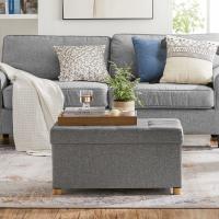 Baúl tapizado capitoné, taburete de almacenamiento textil con asiento acolchado, patas de madera maciza y tapa, gris oscuro - details 2