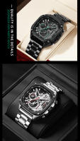 Reloj De Cuarzo Para Hombre MEGIR Negro Resistente Al Agua Con Cronógrafo Y Manos Luminosas Correa De Acero Inoxidable Dial Cuadrado - details 16