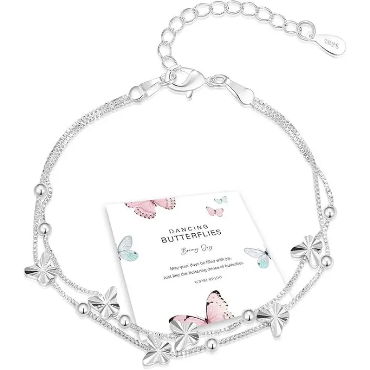 Pulsera de Plata 925 para Mujer, Mariposas, pulsera de Oro Rosa para Mujer with Perlas, pulsera ajustable en Capas, pulseras de La Amistad, Regalos - 1