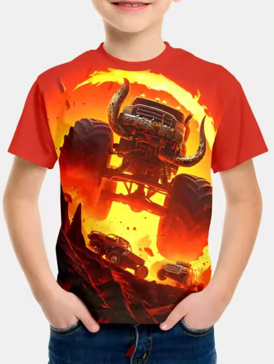 Camiseta Para Niño Con Estampado De Camión De Monstruo Ropa Infantil De Verano Microfibra Estilo Inglés T-Shirts Para Niños - 1