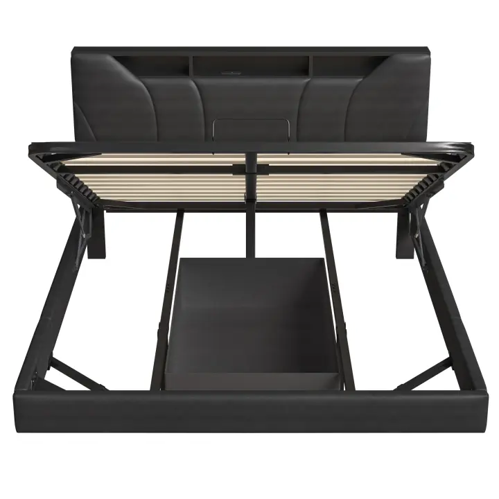 Cama tapizada 160x200 cm de PU negro con LED RGB, cabecero con estantes y puertos USB/Type-C, somier de láminas, almacenaje abatible, efecto flotante, sin colchón - 1