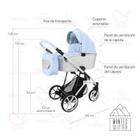 Carrito Montes Azul Plata Glitter 2 piezas AdaBaby, Dos piezas: capazo y silleta, Bolso, cobertura de lluvia, mosquitera, botellero y cubrepiés, Silleta hasta 22kg, plegable con el chasis en ambos sentidos, Tejidos de ecopiel y capotas de brillo - details 0