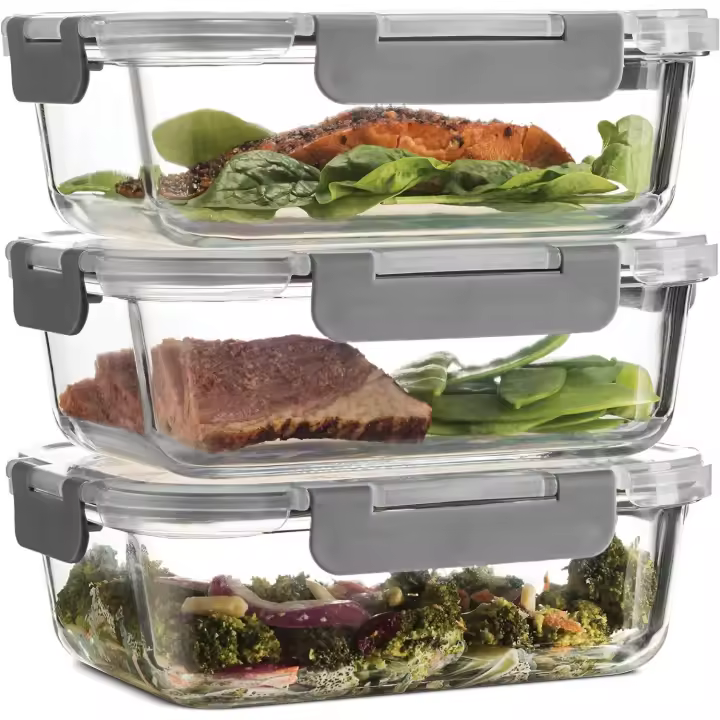 Contenedores de Almacenamiento de Alimentos de Vidrio (Juego de 3) Herméticos Sin BPA - 100% en Prueba de Fugas - 1