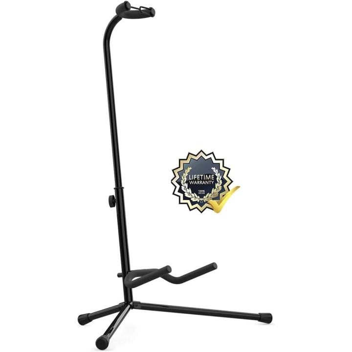 Soporte de guitarra para Suelo ROCKSTAR MUSIC  TPM SG-03, Hecho en Acero, para Guitarras Eléctricas, Acústicas o Bajos, Altura Ajustable 63-75 cm, Apoyos Acolchados, Pie de Guitarra, Color Negro