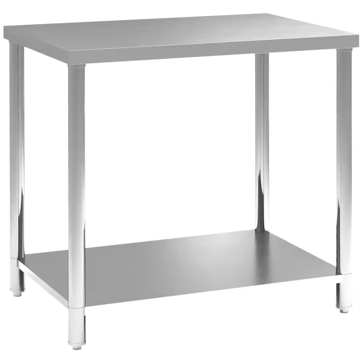 HOMCOM Mesa de Trabajo de Acero Inoxidable Mesa de Preparación Mesa de Cocina 2 Estantes, Encimera para Cocina, Garaje, Jardín, 90 x 60 x 86 cm, Color Plateado - 1