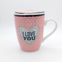 Taza infusión de cerámica Kozina con filtro de acero inoxidable rosa con lunares blancos y la frase "I LOVE YOU" 300 ml con tapa para mantener la temperatura - ideal para regalo no solo es una pieza decorativa sino un utensilio práctico para el día a día - details 0