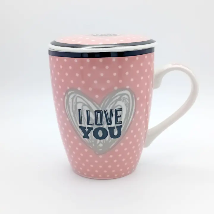 Taza infusión de cerámica Kozina con filtro de acero inoxidable rosa con lunares blancos y la frase "I LOVE YOU" 300 ml con tapa para mantener la temperatura - ideal para regalo no solo es una pieza decorativa sino un utensilio práctico para el día a día - 1