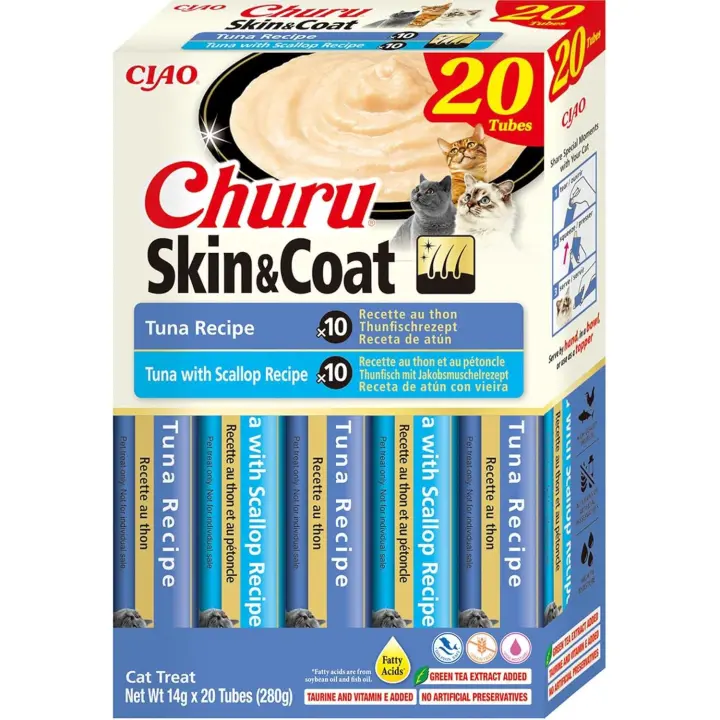 INABA Churu Skin & Coat - Golosinas cremosas para Gatos con Omega 3 y 6, taurina y Vitamina E, pack 20 x 14 g - 1