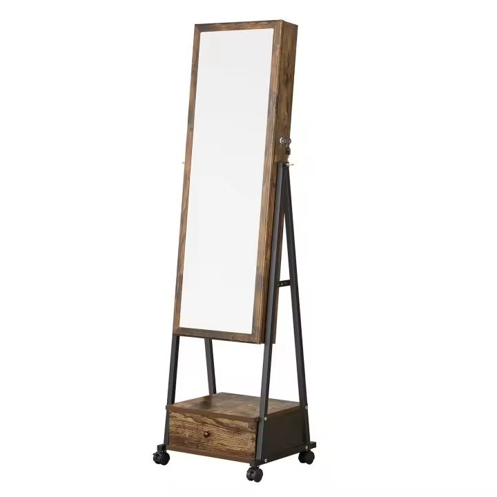 SONGMICS Armario Joyero, Armario para Joyas, Espejo Joyero, Espejo Completo, con Cierre, Cajón Inferior, Estante, Ruedas, Idea de Regalo, Blanco/Marrón Rústico y Negro - 1