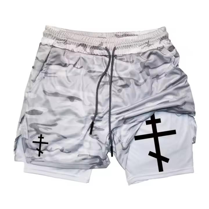 Shorts De Entrenamiento Para Hombre Con Estampado De Cruz Psalm 2 En 1 Running Performance Transpirable Con Bolsillo Para Teléfono Móvil Activewear - 1