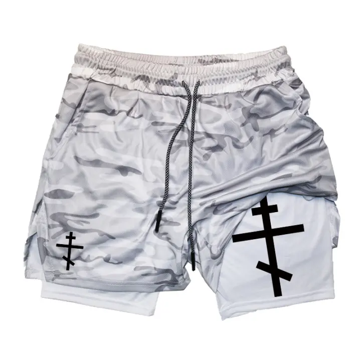 Shorts De Entrenamiento Para Hombre Con Estampado De Cruz Psalm 2 En 1 Running Performance Transpirable Con Bolsillo Para Teléfono Móvil Activewear - 1