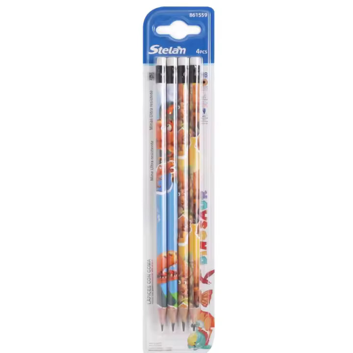 Stelam Lápices HB con Goma – Pack de 4 Lápices Dinosaurio para Niños | Diseño Colorido, 19 cm, Forma Hexagonal | Ideal para Escuela y Regalo - 1