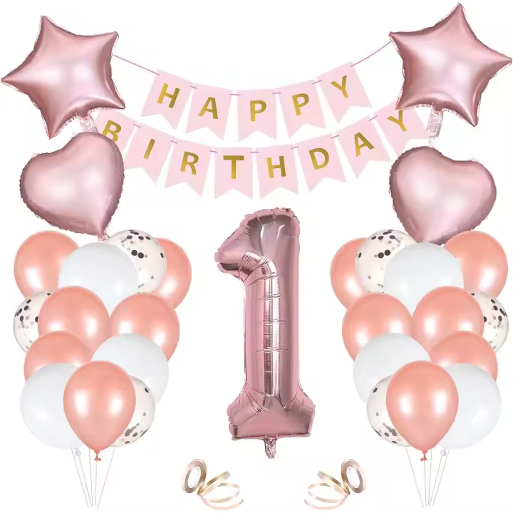 Vicloon Décoration Anniversaire 1 an Fille, Or Rose Ballon Chiffre 1, avec Or Rose Happy Birthday Banderole, 1an Fille Décoration Fête d'anniversaire 1 an, Réutilisable, Bébé Douche - 1