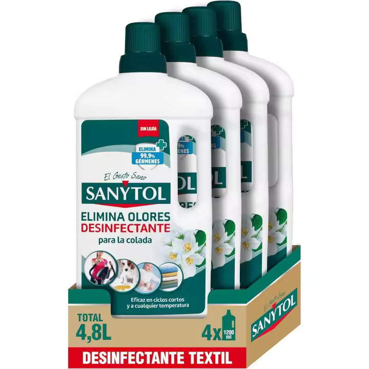 Sanytol – Desinfectante Textil - Botella 1,2 Litros - Pack Ahorro 4 Botellas o Pack 1 Unid. Para todo tipo de ropa - Elimina el 99,9% de Gérmenes y Malos Olores - 1
