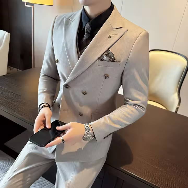 Traje De Boda Casual Para Hombre 2025 Doble Breasted 3/2 Piezas Estilo Regular Con Pantalones Sensación Alta Polyester Para Wedding - 1