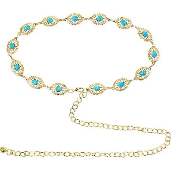 Cinturones de Giro Cadena Concho para Mujer, cinturón de metal Occidental Turquesa ajustable cinturón vaquero con cinturón para vestidos de jeans - 1