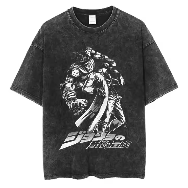 Camiseta Vintage Lavada Para Hombre Verano Estilo Hip Hop Streetwear Impresión Anime JoJo Bizarre Adventure Algodón Casual Manga Corto - 1