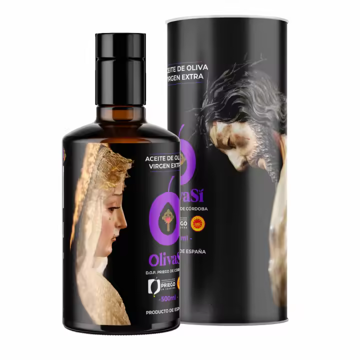 Aceite de Oliva Virgen Extra, con Denominación de Origen de Priego de Córdoba, 500ml, Edición, Hermandad de las Dolores, coupague Hojiblanco-Picudo-Picual - 1