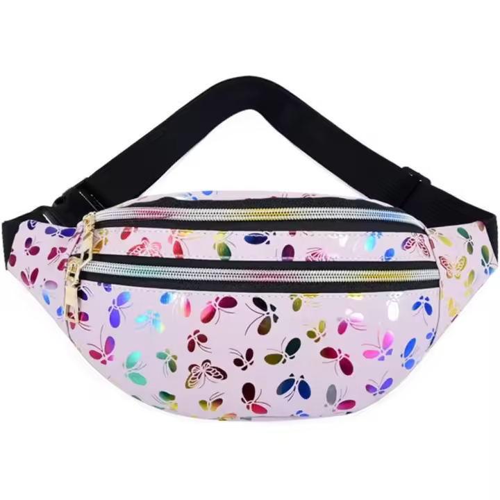 Riñonera de mariposa rosa, moderna, impermeable, de piel sintética, brillante, ajustable, para mujer, niña, para caminar y correr. - 1