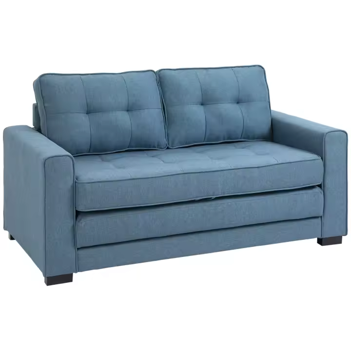 Sofá plegable Sofá Cama de tela de 2 plazas Sofá Cama Conjunto de sofás Tacto Lino Caucho Madera Azul 147,5x75x85 cm - 1