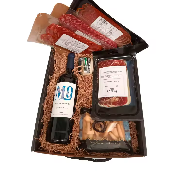 Deliex delicias de Extremadura. Lote Regalo Gourmet - Picoteo 10 - Vino Montequinto, loncheados ibéricos y Crema de Torta de la Serena y picos. - 1