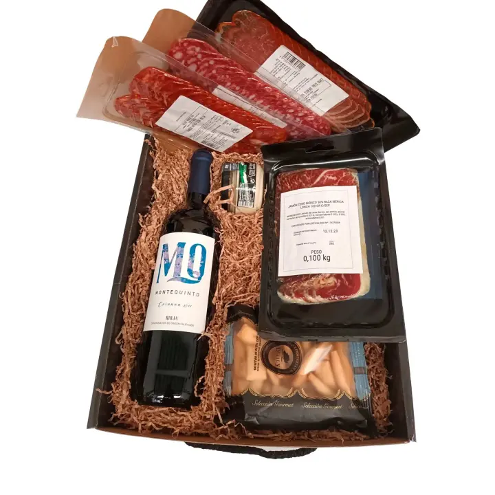 Deliex delicias de Extremadura. Lote Regalo Gourmet - Picoteo 10 - Vino Montequinto, loncheados ibéricos y Crema de Torta de la Serena y picos. - 1