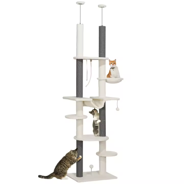 PawHut Árbol para Gatos de Suelo a Techo 225-255 cm Árbol Rascador para Gatos de 7 Niveles Torre para Gatos con Hamacas Plataformas Juguete de Cuerda Bola de Juguete - 1