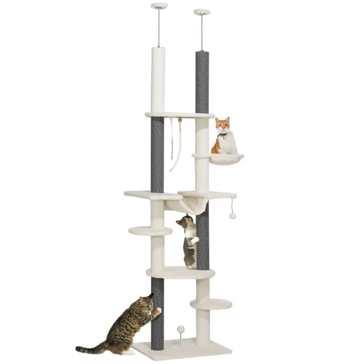PawHut Árbol para Gatos de Suelo a Techo 225-255 cm Árbol Rascador para Gatos de 7 Niveles Torre para Gatos con Hamacas Plataformas Juguete de Cuerda Bola de Juguete - 1