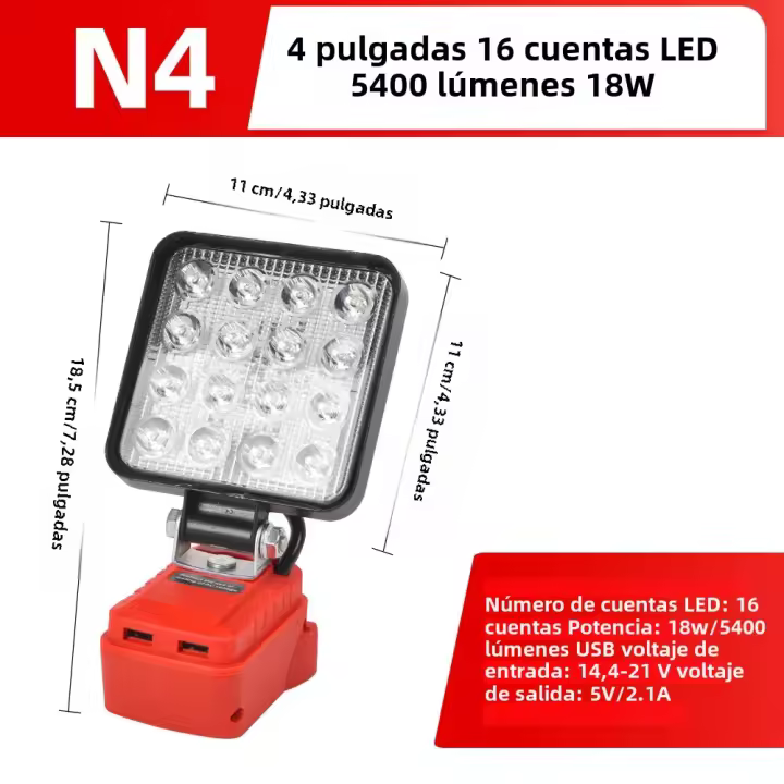 Luz De Trabajo LED Para Batería Milwaukee M18 18V Luz Amplia Con Dos Puertos USB Para Emergencias Y Almacenamiento De Baterías - 1