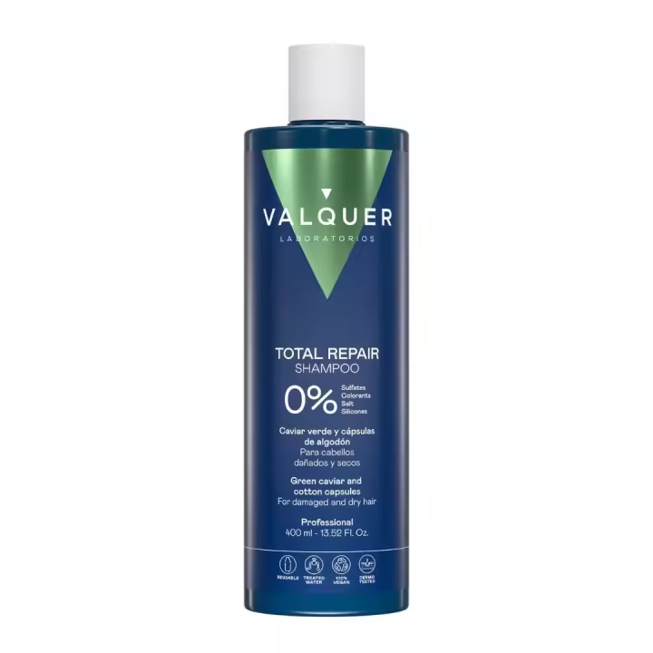 VALQUER Champú Total Repair Fórmula 0% | Cabello Seco y Dañado | Sin Sulfatos, Siliconas, Sal ni Colorantes | Con Caviar Verde y Queratina Vegetal | 1000 ml - 1