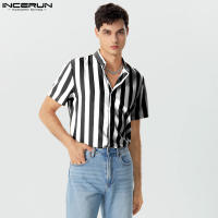 Blusa De Botones Para Hombre INCERUN Estilo Casual Verano Camisas De Punto Con Cuello Erguido Manga Corta Estampado Rayado Tallas Hasta 5XL - details 8