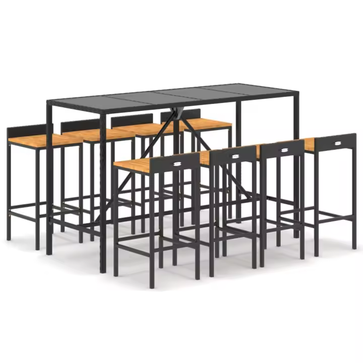 vidaXL Mesa bar y taburetes jardín 9 pzas madera acacia ratán PE negro - 1