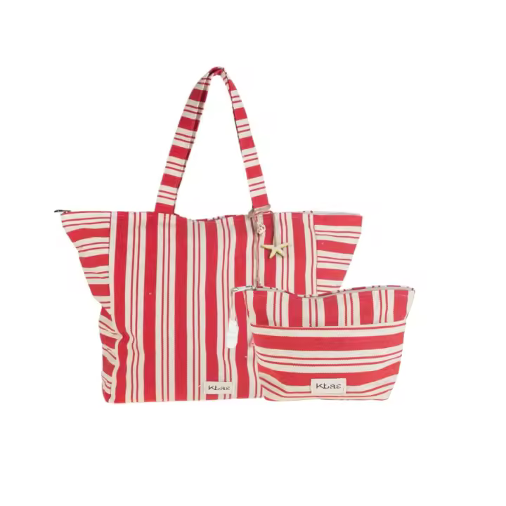 PACK VERANO KBAS: 2 BOLSOS DE PLAYA (ROJO Y BEIG DE RAYAS) + NECESER A JUEGO - 1