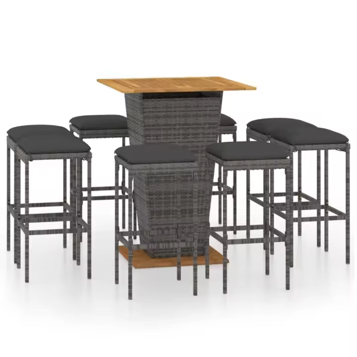 vidaXL Set de muebles de bar de jardín 9 pzas y cojines ratán PE gris - 1