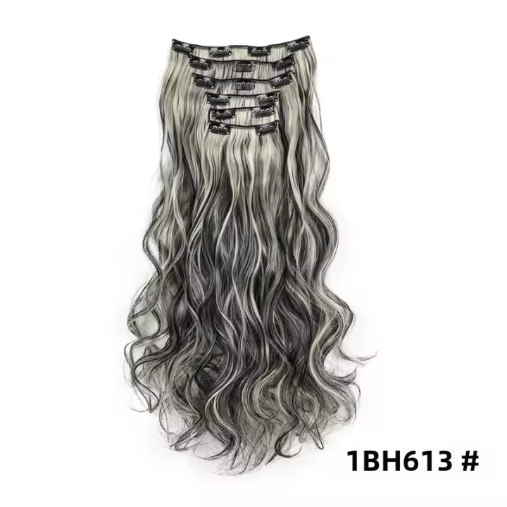 Extensiones De Cabello Sintético 24 Pulgadas Rizado Para Mujer Con Clip Resistentes Al Calor En Negro Marrón Rubio Set De 6 Piezas - 1