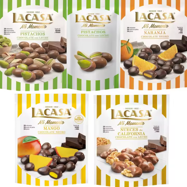 Lacasa Mi Momento pack de 5:Pistacho Leche 50G,Nueces Leche 115G,Naranja choco Negro 125G,Pistacho Leche 100G,Mango choco Negro 115G - 1