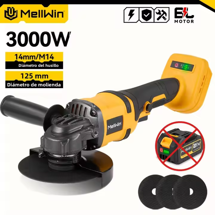 MELLWIN Amoladora Angular Inalámbrica 125mm M14 Sin Escobillas 12000PRM Para Batería Makita Herramienta De Polido Y Amolado - 1