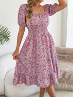 Vestido Elegante De Primavera Y Verano Para Mujer Con Estampado Floral Cuello Cuadrado Manga Corta Volante Al Borde Vestido A-Line De Rodilla - details 10