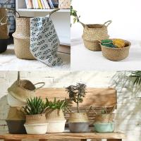 Cesta De Almacenamiento Tejida De Hierba De Mar Natural Hecha a Mano Plegable Para Ropa Y Lavandería Cesta De Paja De Resina Rattan Con Flor Bolsa De Playa - details 2