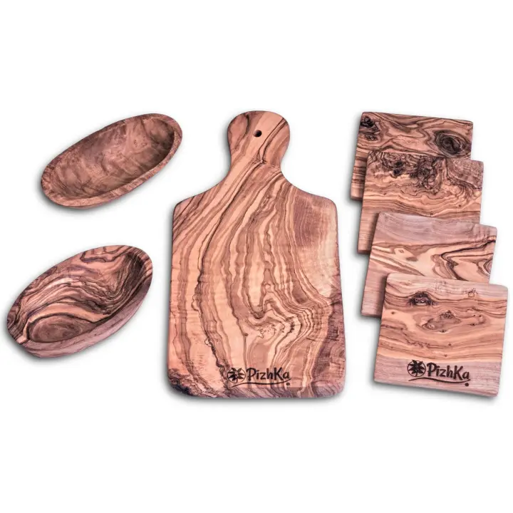 Pizhka - Set Regalo en Madera de Olivo: Tabla de Cortar o Servir 14x28cm, 2 Cuencos Ovalados 12x7cm, 4 Posavasos 10x10cm - Ideal para Amantes de la Cocina y la Vida Saludable - 1