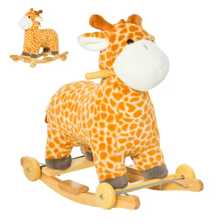 HOMCOM Caballito Balancín Infantil 2 en 1 en Forma de Jirafa para Niños de +3 Años con Ruedas y Altura del asiento 35 cm Balancín de Felpa con Sonido de Jirafa Carga 45 kg 63x38x63 cm Multicolor - 1